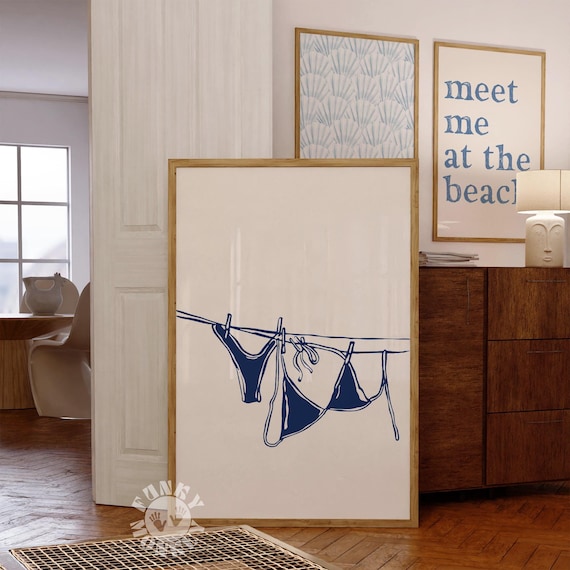 Navy Bikini Summer Print, Blue Coastal Girly Print, Preppy Aesthetic, Beachy Printable Art, Dorm Room Trendy Wall Art, Digital Print