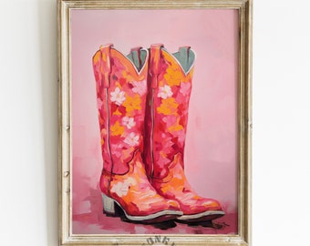 Trendy Funky Cowgirl Boots Print, Retro Western Painting, Pink Orange Flowered Cowboy Boots Printable Art, Girly Aesthetic, Dorm Room Decor