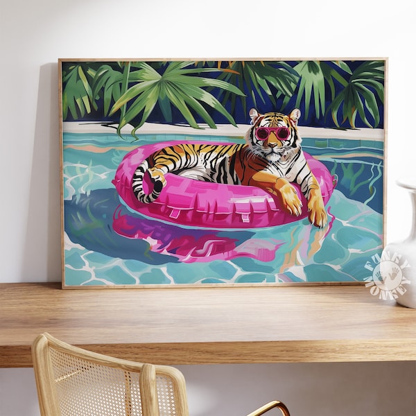 Dopamine Tiger Print, Preppy Pool Print, Summer Fashion Animal Downloadable Art, Retro Funky Decor, Maximalist Apartment Aesthetic, Digital