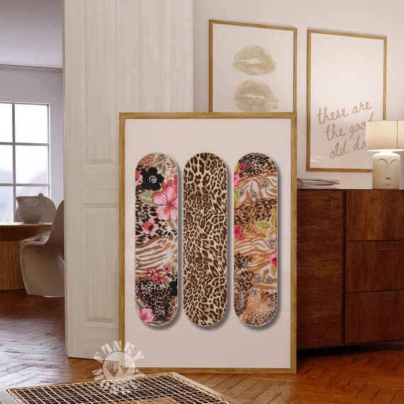 Skateboard Wall Art Print, Leopard Floral Printable Art, Pink