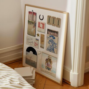 May include: A collage print featuring a variety of vintage images, including a horseshoe, matchboxes, a cowboy hat, a record, and a woman in a cowboy hat. The print has a white background and is framed in gold.