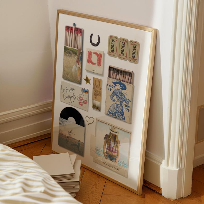 May include: A collage print featuring a variety of vintage images, including a horseshoe, matchboxes, a cowboy hat, a record, and a woman in a cowboy hat. The print has a white background and is framed in gold.
