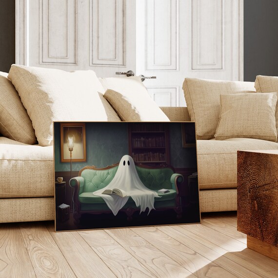 Halloween Ghost Wall Art Print, Cute Ghost Reading, Book Lover Decor, Spooky Ghost on Couch Vintage Style Painting Cottagecore Decor Digital