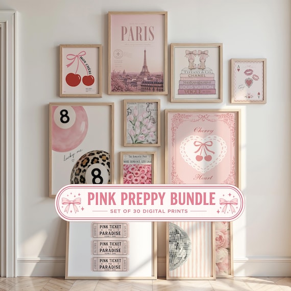 Pink Preppy Wall Art Bundle, 30 Digital Prints, Soft Girl Dorm Decor, Coquette Wall Collage Kit, Paris Fashion Poster Set, Girly Room Decor