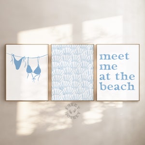 Set of 3 Blue Coastal Wall Art Prints, Bikini Print, Sea Shells Printable Art, Beach Art Digital Print, Coastal Cowgirl Preppy Trendy Poster