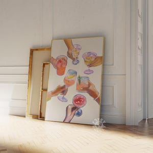 May include: A watercolor painting of six colorful cocktails in glasses, held up in a toast. The glasses are filled with different colored liquids and garnishes. The painting is on a white background.