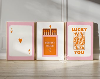 Trendy Lucky You Print Set of 3, Pink Orange Retro Playing Cards, Queen of Hearts, Matchbook Poster, Ace Card, Funky Digital Prints