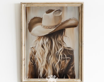 Western Cowgirl Wall Art Print, Neutral Rustic Cowboy Hat Portrait Painting, Coastal Cowgirl Printable Art, Digital Print, Downloadable Art