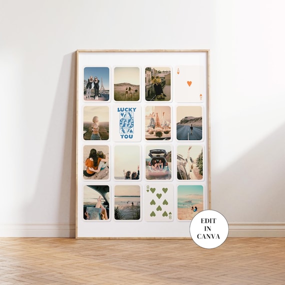 Custom Collage Print, Trendy Wall Art, Retro Lucky Personalized Poster, Playing Cards Digital Print, College Dorm Room Decor, Edit in Canva