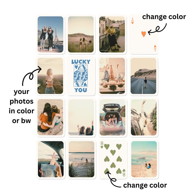 Op de afbeelding: Een downloadbare digitale fotocollage-sjabloon met 12 vierkanten. De sjabloon bevat verschillende afbeeldingen, waaronder vrienden, landschappen en een speelkaart. De tekst "LUCKY YOU" staat op een van de vierkanten.