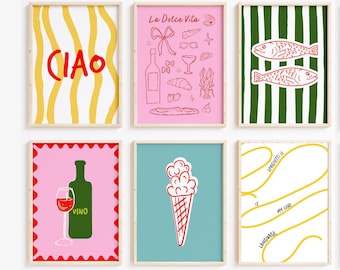 Italian Food Print Set of 12, Trendy Gallery Wall Set, Dopamine