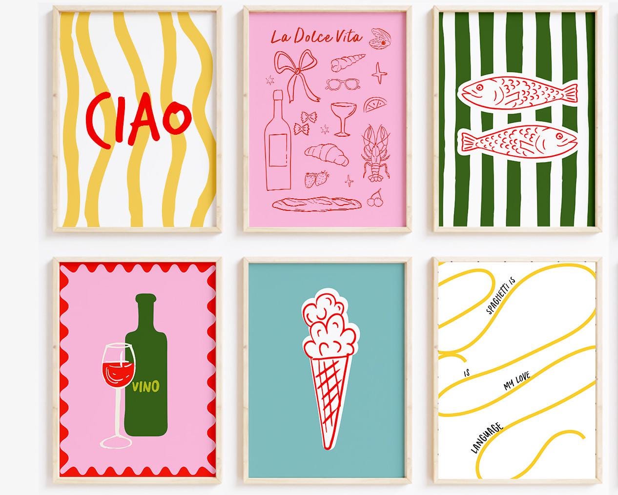 Italian Food Print Set of 12, Trendy Gallery Wall Set, Dopamine