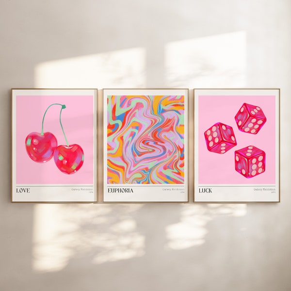 Retro Funky Wall Art Set of 3, Pink Trendy Wall Art Print Set, Preppy Poster Set, Printable Euphoria Exhibition Poster, Digital Prints