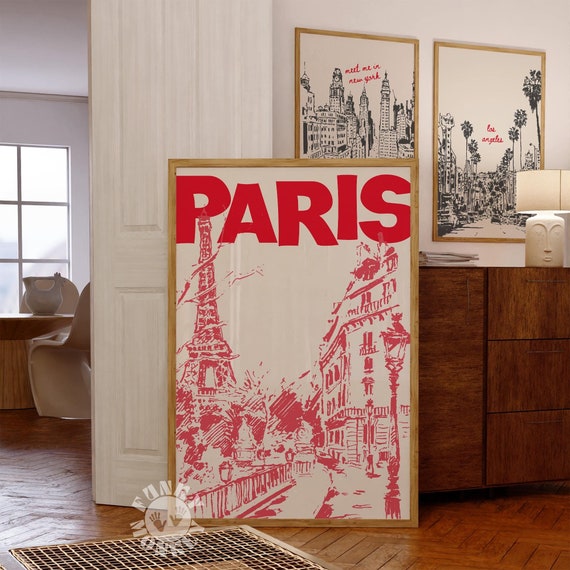 Paris Wall Art, Retro Paris Poster, Trendy Red Printable Poster, Eiffel Tower Digital Print, Dorm Room Decor, Cityscape