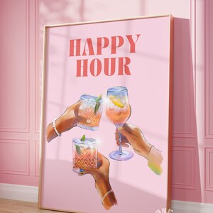 Pink Happy Hour Digitaldruck, Trendige Wandkunst, Pink Bar Cart Art Print, Cocktail Poster, Preppy Poster, Girly Drucke, Digitaldrucke