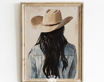 Impresión de arte de pared de vaquera, retrato rústico occidental, decoración estética de casa de campo, pintura de moda bohemia, arte imprimible, impresión digital instantánea
