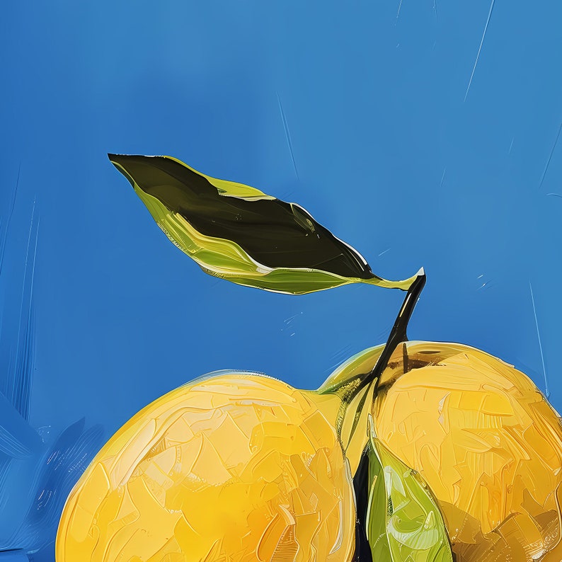 May include: Two yellow lemons with a green leaf on a blue background. The lemons are painted in a textured style.