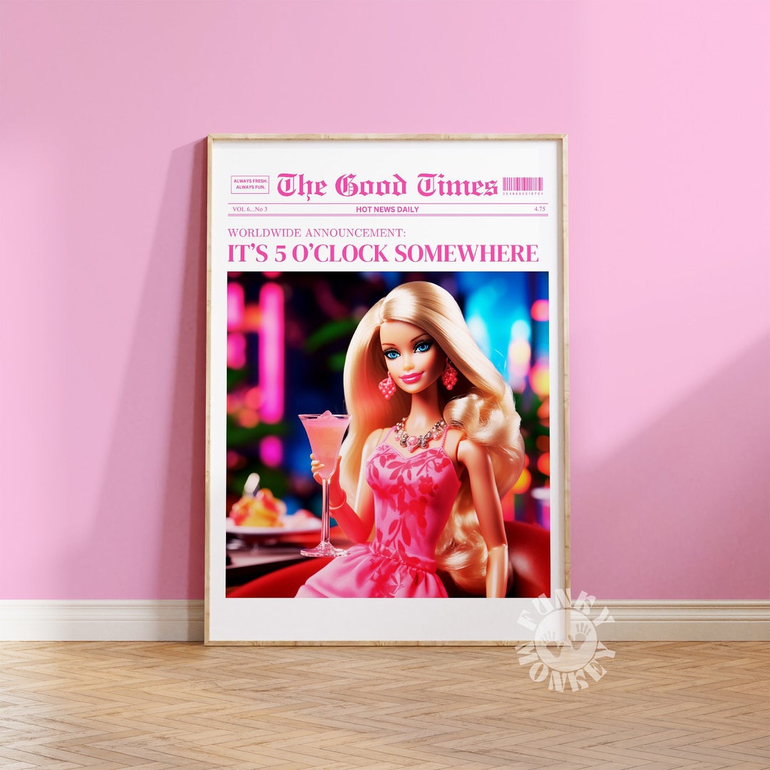 Pink Newspaper Headline Print, Bar Cart Art Print, It's 5 O'clock ...