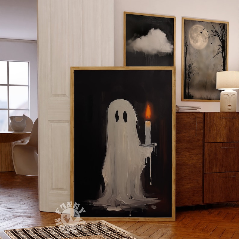 May include: A white ghost holding a lit candle in a dark room. The ghost is dripping and melting, creating a spooky and whimsical scene.
