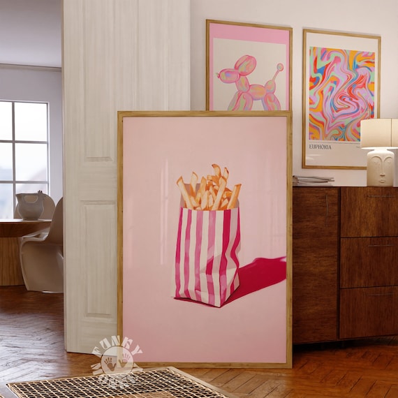 French Fries Print, Pink Retro Kitchen Wall Art, Printable Art, Girly Preppy Dorm Room Decor, Retro Painting, Digital Download