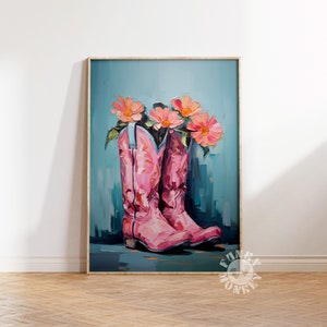 May include: A painting of two pink cowboy boots with pink flowers in the tops of the boots. The boots are on a blue background.
