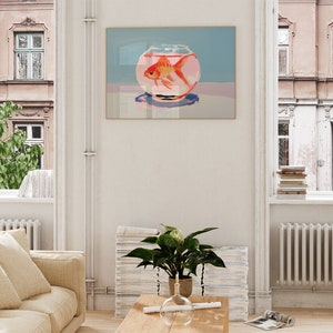May include: A painting of a goldfish in a glass bowl. The bowl is on a table with a light blue background. The goldfish is orange and white.