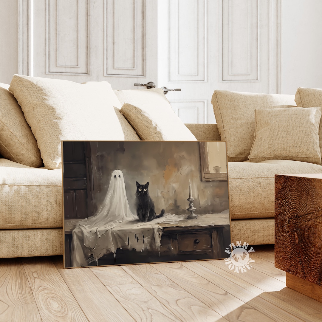 Halloween Ghost Black Cat Wall Art Print, Printable Vintage Style ...