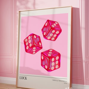 Luck Gallery Exhibition Print, Retro Dice Poster, Trendy Wall Art, Pink Red Dice, Digital Prints, College Apartment Aesthetic, Printable Art