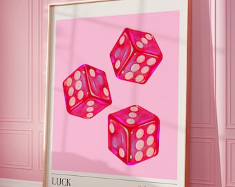 Luck Gallery Exhibition Print, Retro Dice Poster, Trendy Wall Art, Pink Red Dice, Digital Prints, College Apartment Aesthetic, Printable Art