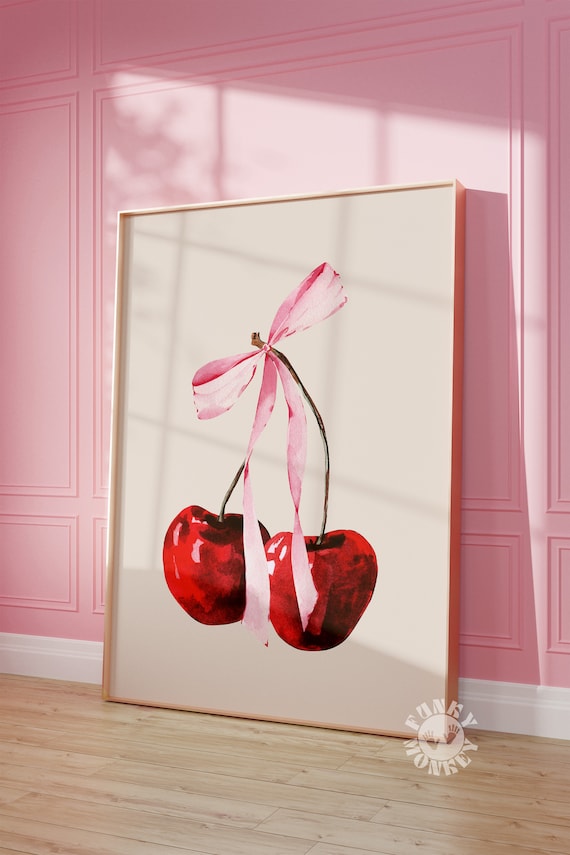 Cherry Wall Art Print, Printable Feminine Poster, Coquette Pink Bow Soft Girl Bedroom Decor, Trendy Wall Art, Preppy College Apartment Print