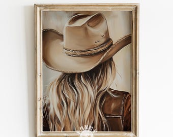 Impresión de retrato de vaquera, arte de pared rústico occidental, decoración estética neutra, pintura de vaquera bohemia, arte imprimible, impresión digital instantánea