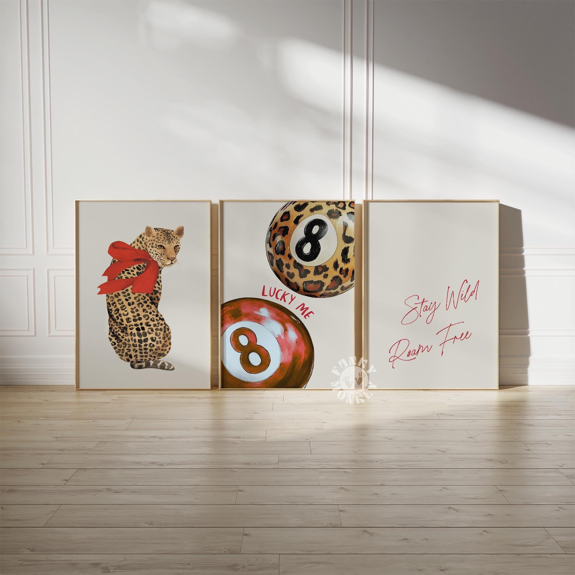 Trendy Leopard Print Set of 3, Red 8 Ball Digital Print, Lucky