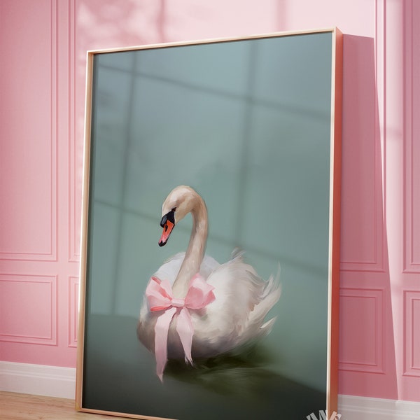 Swan with Pink Bow Art Print, Digital Print, Coquette Aesthetic, Swan Painting, Girly Nursery, Teal Girl's Room Decor, Printable Wall Art