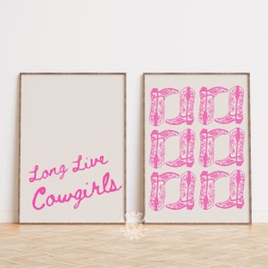 Pink Cowgirl Print Set, Long Live Cowgirls Printable Wall Art, Retro Western Printable Art, Cowboy Boots, Dorm Room Decor, Digital Print