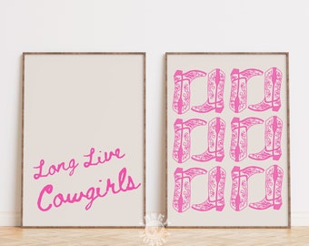 Pink Cowgirl Print Set, Long Live Cowgirls Printable Wall Art, Retro Western Printable Art, Cowboy Boots, Dorm Room Decor, Digital Print