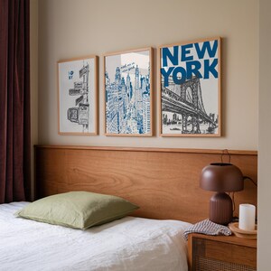 New York City Travel Print Set of 3, Retro NYC Poster, Navy Blue Trendy ...