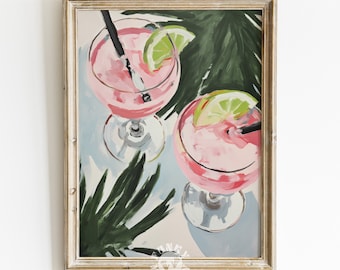 Tropical Bar Cart Art Print, Pink Summer Cocktail Print, Preppy Drink Painting, Trendy Wall Art, Retro Poster, Digital Prints, Printable Art