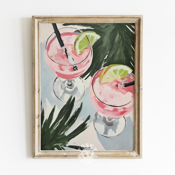 Tropical Bar Cart Art Print, Pink Summer Cocktail Print, Preppy Drink Painting, Trendy Wall Art, Retro Poster, Digital Prints, Printable Art