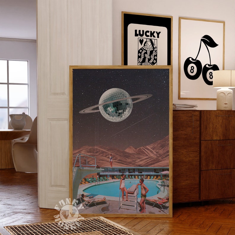 May include: A retro-style collage featuring a disco ball orbiting a planet with rings, a swimming pool with people in it, and a desert landscape. The text "LUCKY" is visible in the background.