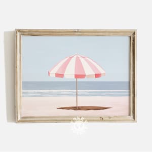 Retro Beach Umbrella Print, Girly College Apartment Aesthetic Decor, Pink Striped Parasol Painting, Beach Nursery, Summer Poster, Digital