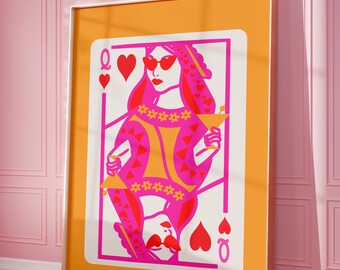 May include: A Queen of Hearts playing card illustration with a woman wearing sunglasses and a crown of hearts. The woman is holding a martini glass in one hand and a heart-shaped playing card in the other. The background is orange.