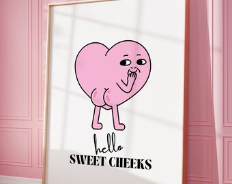 Hello Sweet Cheeks Retro Bathroom Print, Funny Bathroom Wall Art, Retro Printable, Pink Heart Character, Trendy Wall Art,Apartment Aesthetic