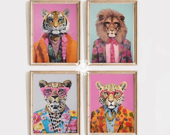 Funky Fashion Animal Print Set, Dopamine Aesthetic, Maximalist Decor, Pink Orange Lion Tiger Painting, Trendy Preppy Digital Prints