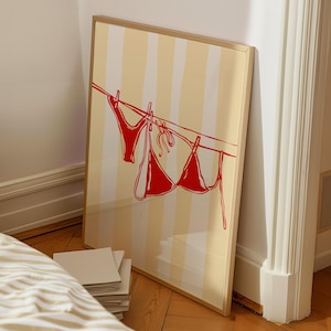 Red Bikini Summer Digital Print, Beachy Wall Art, Bikini on Clothesline, Coastal Aesthetic Poster, Trendy Wall Art, Preppy Print