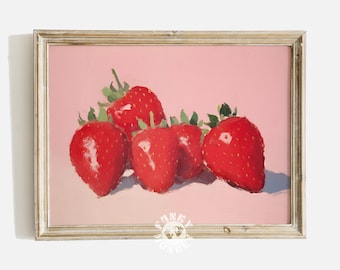 Strawberries Painting, Kitchen Wall Art Print, Summer Retro Pink Red Printable Art, Maximalist Decor Grandmillenial Aesthetic Digital Print