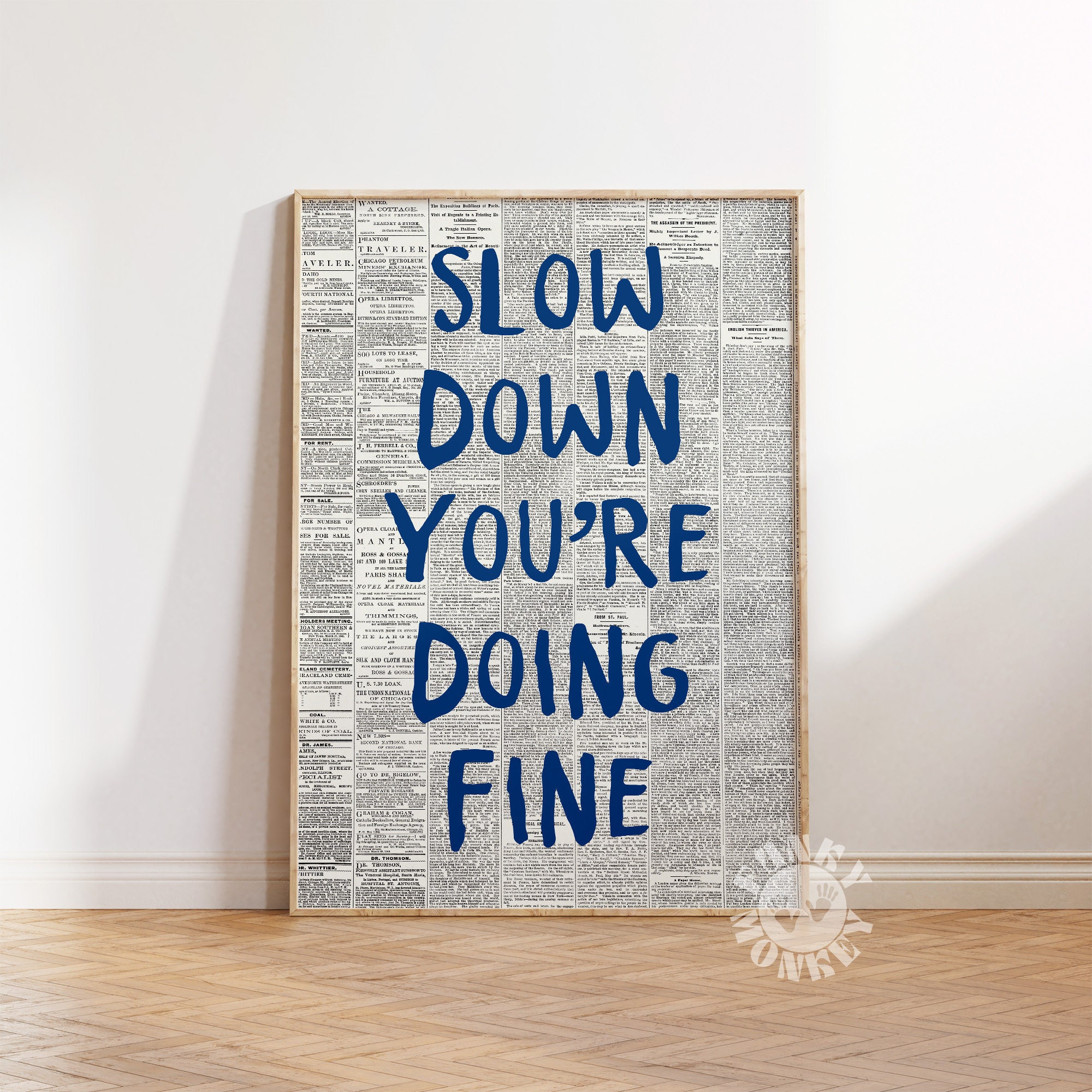 Slow Down You're Doing Fine Print, Navy Blue Wall Art, Vienna Poster, Uplifting Quote Print, Daily Reminder Trendy Wall Art, Dorm Room Decor