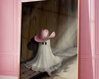 Cowgirl Ghost Print, Cute Pink Halloween Western Wall Art, Printable Ghost Art, Pink Glitter Cowgirl Hat Print Trendy Wall Art Digital Print