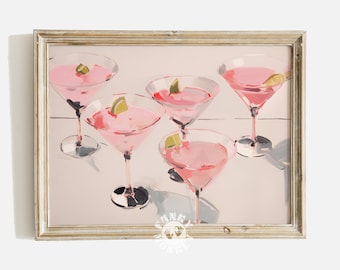 Pink Cocktails Print, Retro Bar Cart Art Print, Summer Cocktail Painting, Preppy Drink Printable Art, Trendy Wall Art, Digital Prints