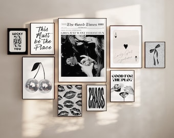 Trendy Print Set of 9, Black White Gallery Wall Set, Funky Retro Printable Posters Dorm Room Decor College Apartment Aesthetic Digital Print