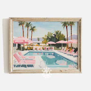 Retro Palm Springs Pool Print, Swimming Pool Art, Mid Century Modern Aesthetic Painting Pink Preppy Beach Wall Art Retro Motel Digital Print